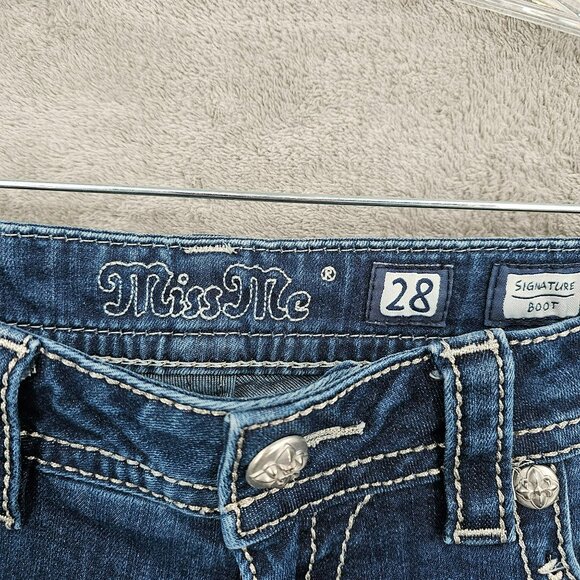 Miss Me Signature Boot Jeans 28 Blue Embroidered Rhinestone Crosses Bling Denim - Picture 3 of 13